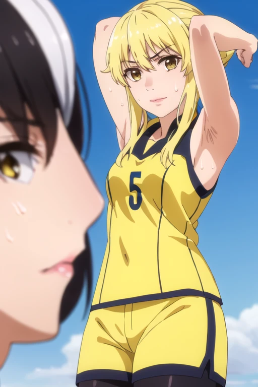 ((best quality)),((highly detailed)),masterpiece,absurdres,detailed face,beautiful face,(detailed eyes, deep eyes),1girl,((dynamic pose)), jabami yumeko, yellow hair, solo, yellow eyes, bow, small breasts, cowboy shot, chinese town, outdoors, seductive smile, looking at viewer, wearing yellow volleyball uniform, put your hands behind your head, armpits, armpits visible, sweaty armpits, 