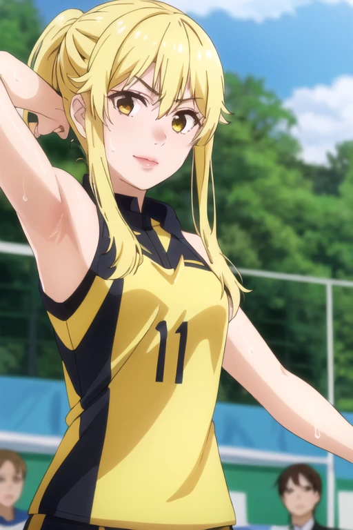 ((best quality)),((highly detailed)),masterpiece,absurdres,detailed face,beautiful face,(detailed eyes, deep eyes),1girl,((dynamic pose)), jabami yumeko, yellow hair, solo, yellow eyes, bow, small breasts, cowboy shot, chinese town, outdoors, seductive smile, looking at viewer, wearing yellow volleyball uniform, put your hands behind your head, armpits, armpits visible, sweaty armpits, 