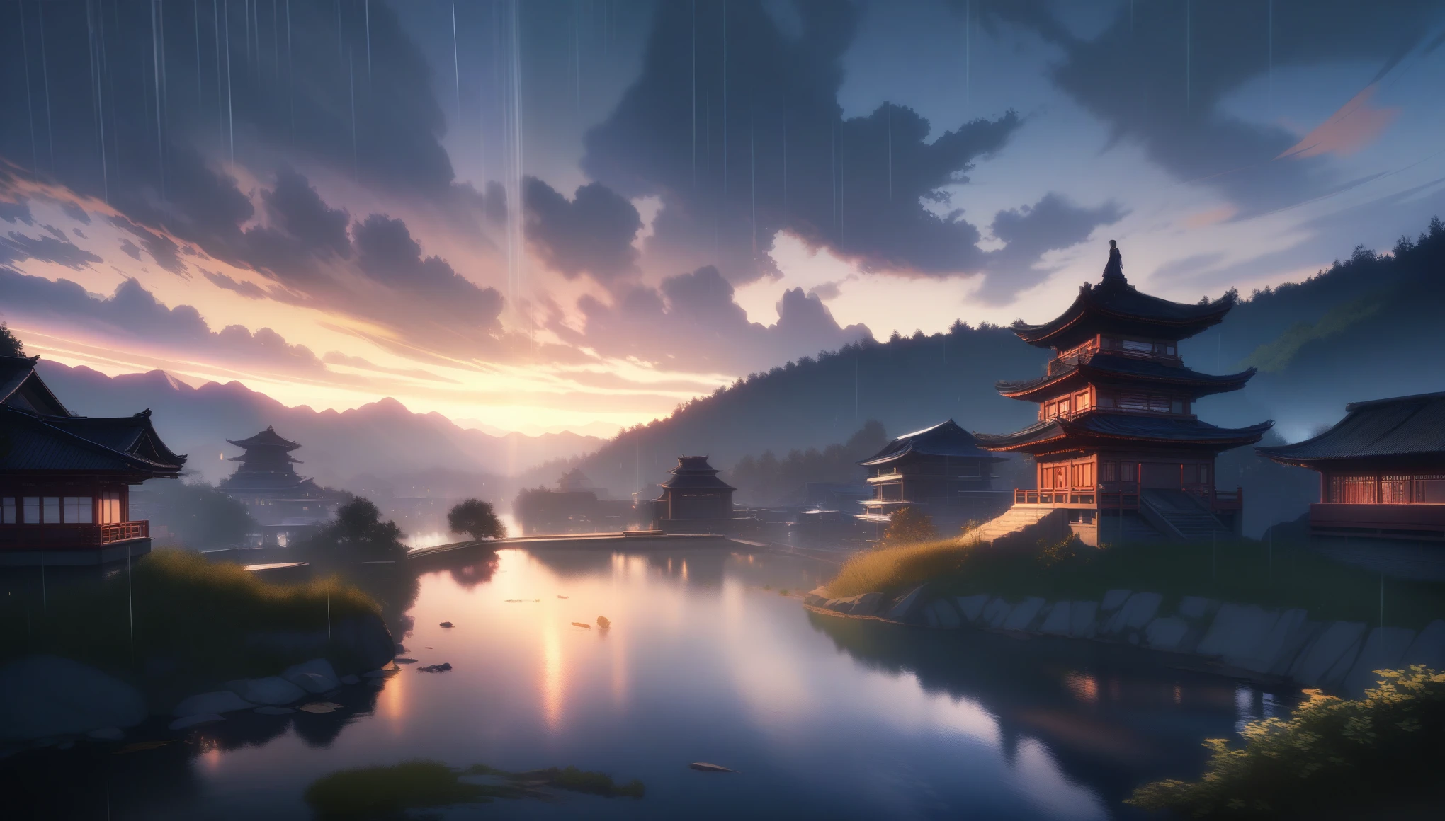 32k, best quality, ultra high res, HDR, UHD, extremely detailed CG, unity 32k wallpaper, SFW, One girl, Focus Only, throw, Very wide shot, landscape, East Asian architecture, sunlight, sunrise, floating, cloud, null, rain, water, whole body, Outdoor, scenery, Depth of written boundary,