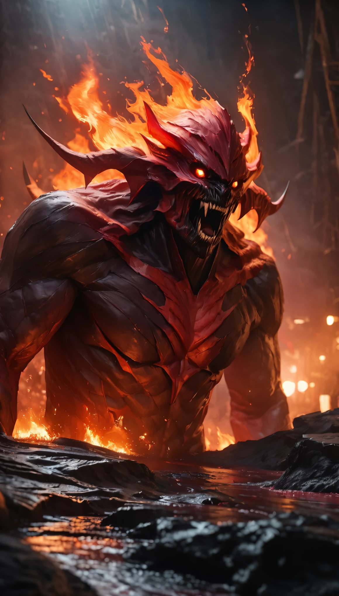 lava demon,demonic figure,lava body,flames swirling,lava river,volcanic background,dark color palette,horror atmosphere,(best quality,4k,8k,highres,masterpiece:1.2),ultra-detailed,(realistic,photorealistic,photo-realistic:1.37),HDR,UHD,studio lighting,ultra-fine painting,sharp focus,physically-based rendering,extreme detail description,professional,vivid colors,bokeh,horror,landscape,fiery reds and dark blacks,sinister lighting.