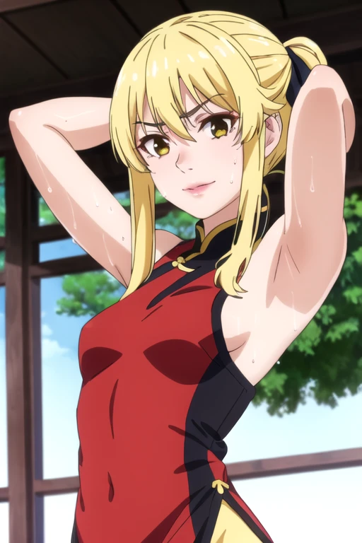 ((best quality)),((highly detailed)),masterpiece,absurdres,detailed face,beautiful face,(detailed eyes, deep eyes),1girl,((dynamic pose)), jabami yumeko, yellow hair, solo, yellow eyes, bow, small breasts, cowboy shot, chinese town, outdoors, seductive smile, looking at viewer, wearing yellow chinese dress, put your hands behind your head, armpits, armpits visible, sweaty armpits, 