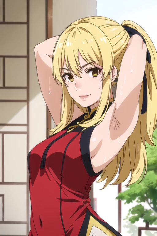 ((best quality)),((highly detailed)),masterpiece,absurdres,detailed face,beautiful face,(detailed eyes, deep eyes),1girl,((dynamic pose)), jabami yumeko, yellow hair, solo, yellow eyes, bow, small breasts, cowboy shot, chinese town, outdoors, seductive smile, looking at viewer, wearing yellow chinese dress, put your hands behind your head, armpits, armpits visible, sweaty armpits,