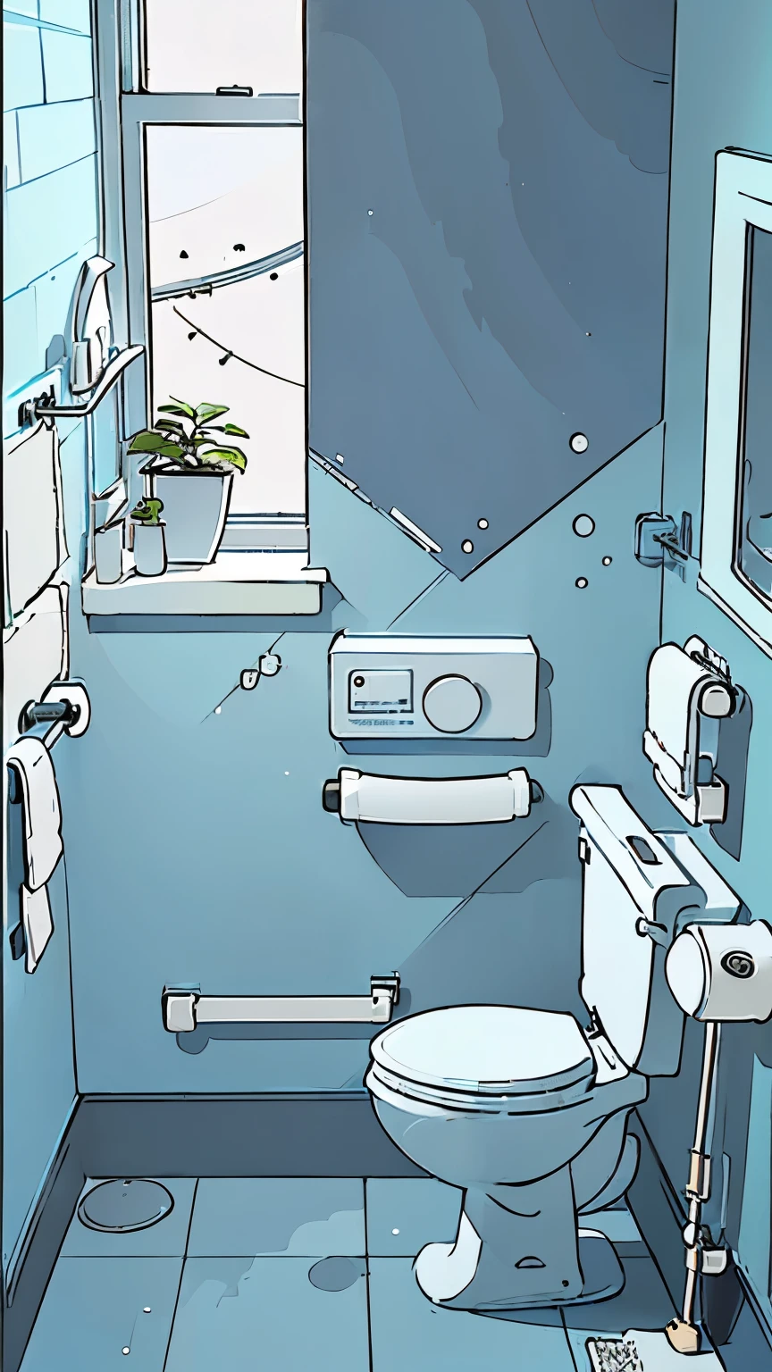 cartoon of a bathroom with a Toilet, sink, and a window, in bathroom, in a bathroom, the Toilet is shiny, bathroom, Random background scenes, Toilet, gaming Toilet, Personal room background, siting on a Toilet, between two chairs over a Toilet, gaming chair as a Toilet, background technology, Color comic panels, Stern, Greg ]