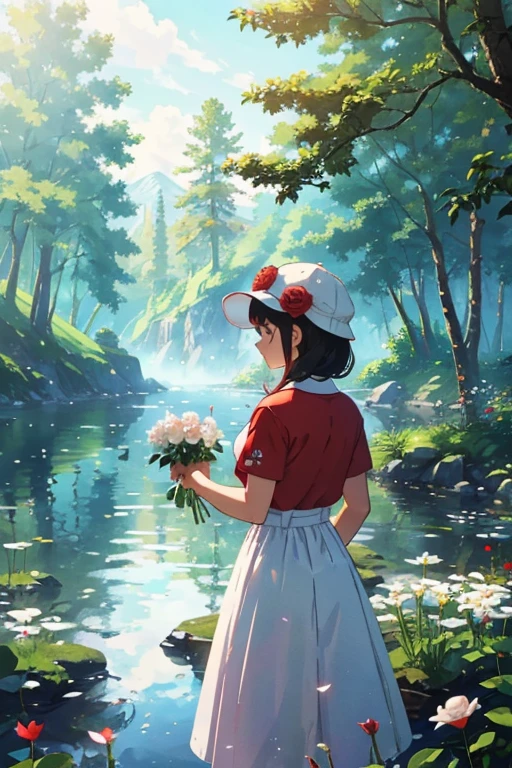 a girl wearing a white cap and a red shirt is holding a white flower in her hand facing the a lake, trees, flowers. Another hand can be seen holding a rose back of the girl. This hand is that of the one taking the picture.