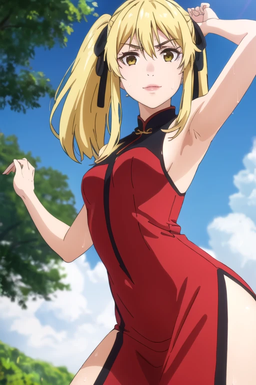 ((best quality)),((highly detailed)),masterpiece,absurdres,detailed face,beautiful face,(detailed eyes, deep eyes),1girl,((dynamic pose)), jabami yumeko, yellow hair, twintail hair,yellow eyes, solo, bow, small breasts, cowboy shot, chinese town, outdoors, seductive smile, looking at viewer, wearing yellow chinese dress, put your hands behind your head, armpits, armpits visible, sweaty armpits, 