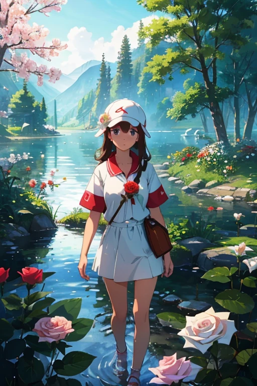 a girl wearing a white cap and a red shirt is holding a white flower in her hand facing the lake, trees, flowers. Another hand can be seen holding a rose back of the girl. This hand is that of the one taking the picture.