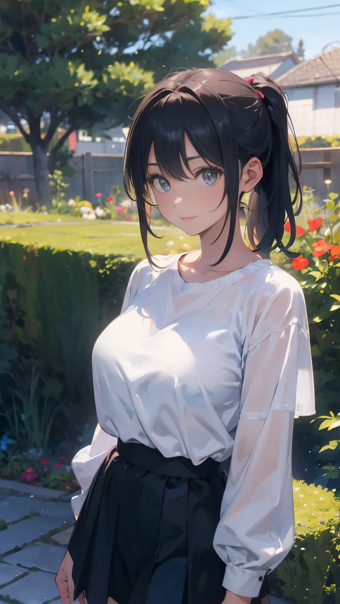 illustration:A girl,25 years old,Wear a white shirt,Black hip skirt,Black single ponytail hair、Shy girl,Look at the camera,Big breasts,Adult female,You can see her whole body,In the Garden