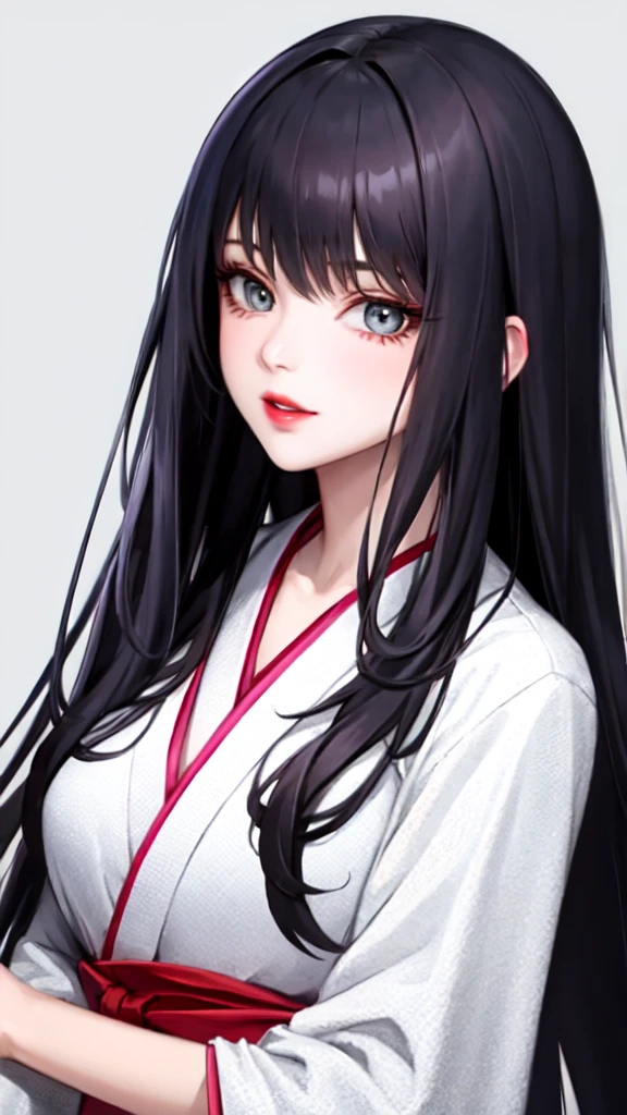 ((best quality)), (detailed), visage parfait, yeux gris, Long Wavy Black Hair with Bangs, Red lips, princesse en kimono, palace background