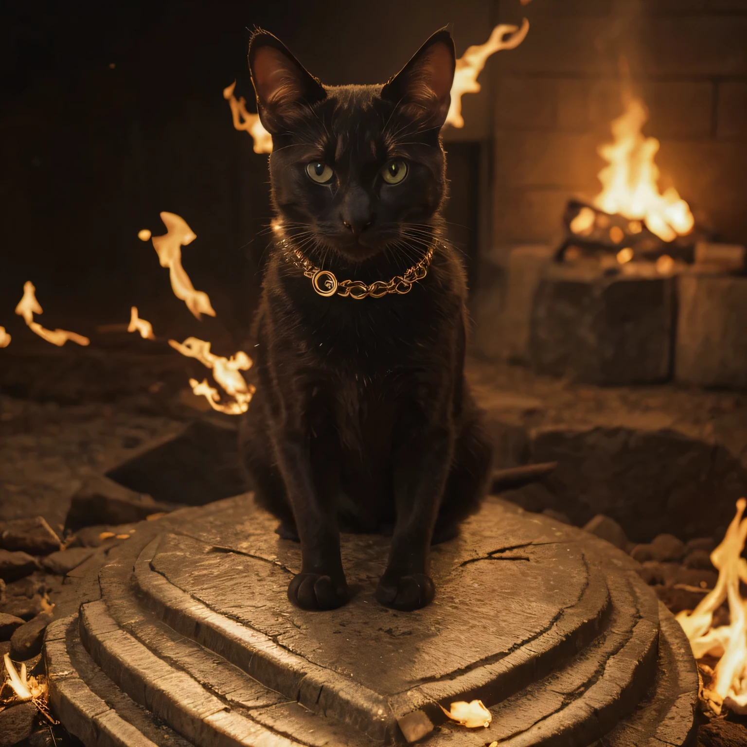 Logo, metalic, gold, In the center silhouette of a cartoon style cat, asymmetrical cat eyes, ring with flames aroundt, gold ring edge