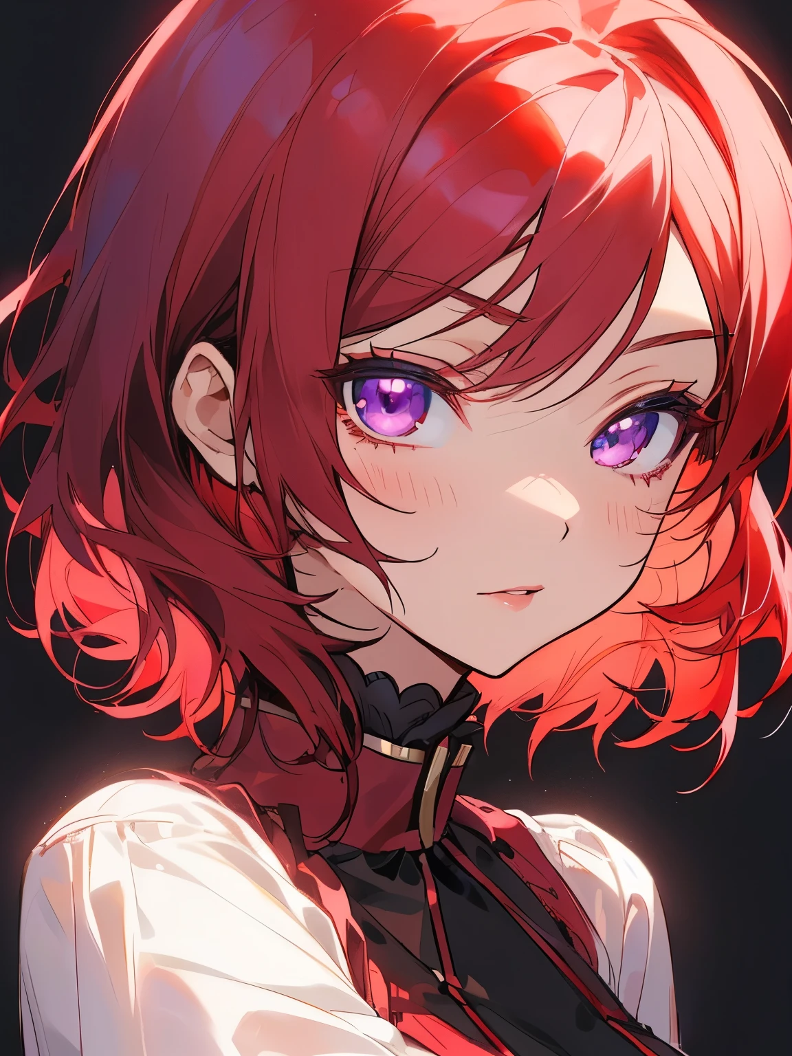 maki nishikino  from Love Live school idol project, purple eyes, beautiful face,detailed eyes, clarity eyes, short haircut , red hair, little hair 