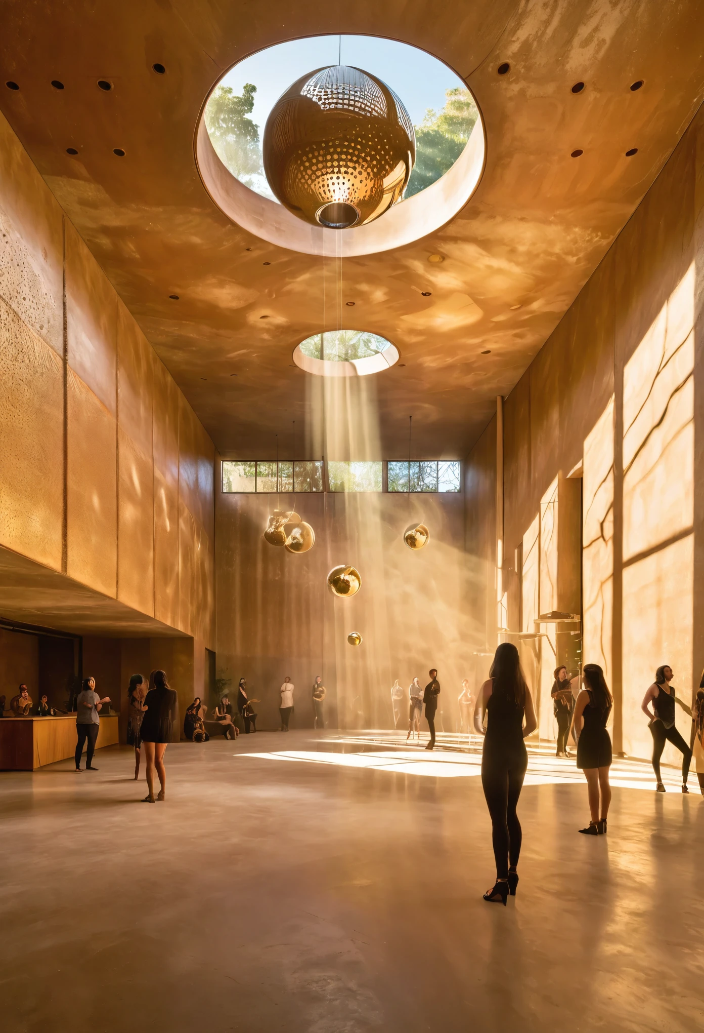 communal architectural space with high ceilings made of rammed earth with holes in the ceiling and the walls that lets the sunlight come through, golden hour, light refracts and dances through the space like a disco ball, people watch together as the light changes