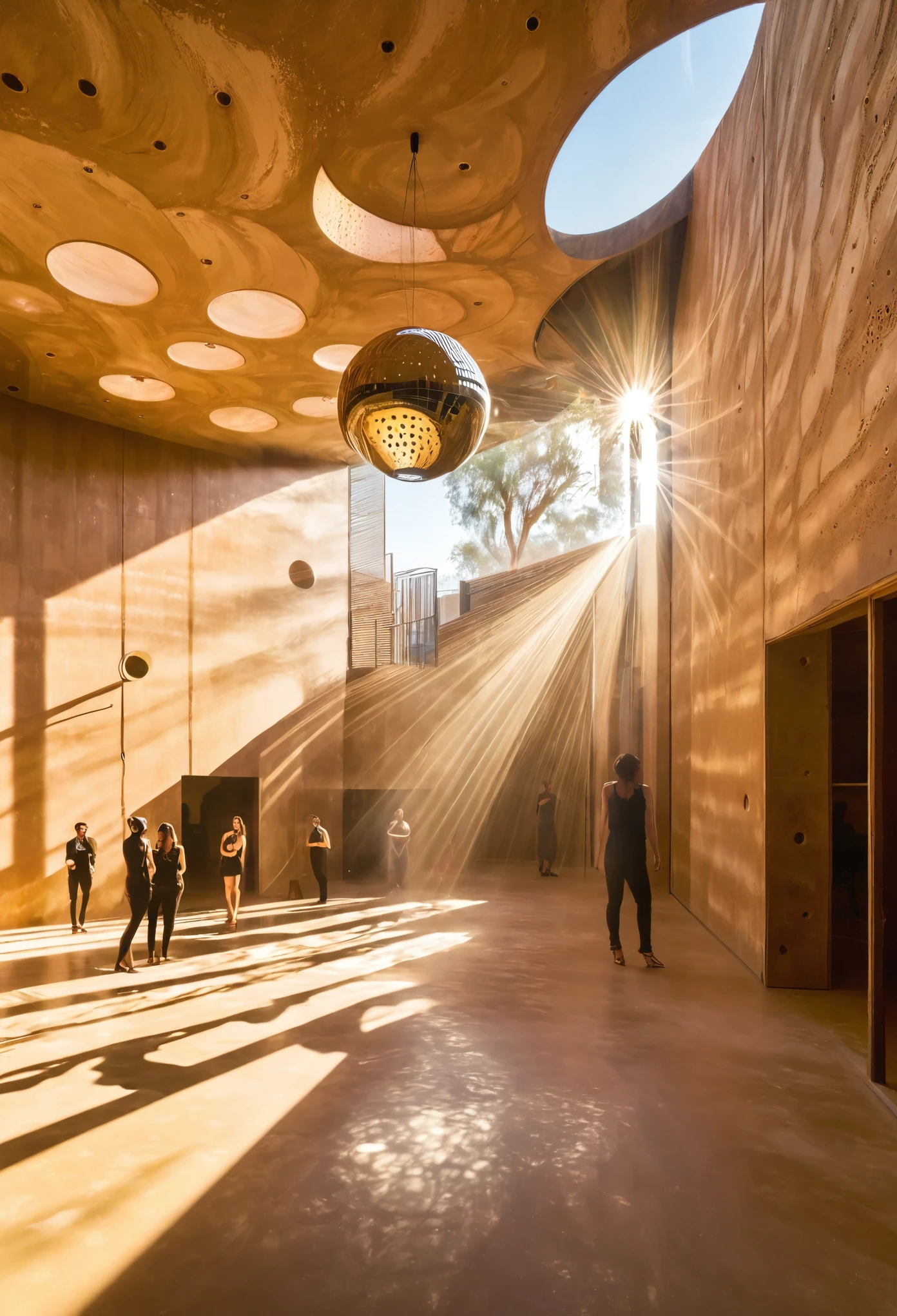 communal architectural space with high ceilings made of rammed earth with holes in the ceiling and the walls that lets the sunlight come through, golden hour, light refracts and dances through the space like a disco ball, people watch together as the light changes