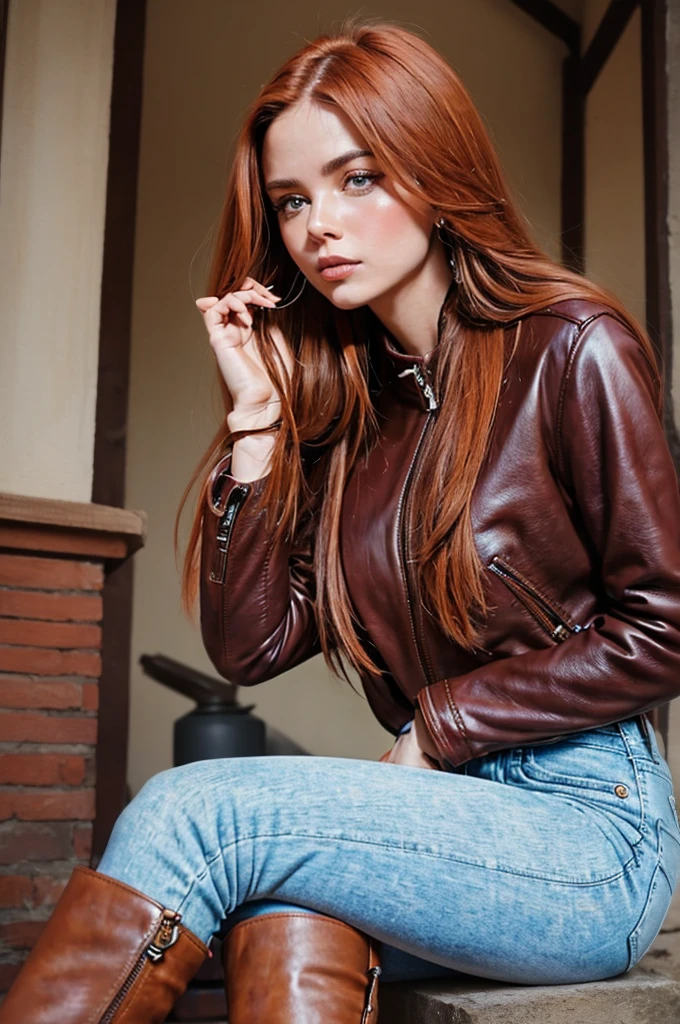 Editorial Photography 1990's style, a gorgeous serbian girl with long ginger hair. Burgundy leather jacket, sweater, skinny denim pants and riding boots, she carries a leather backpack with her. The air is clear, calm and quiet ambient, detailed soft pale skin. 35 mm. (nikon d850)​, realistic skin texture, atractive features, dream beauty, ethereal beauty from Serbia, she has an angelical face and she's delicacy and sweetness in person.