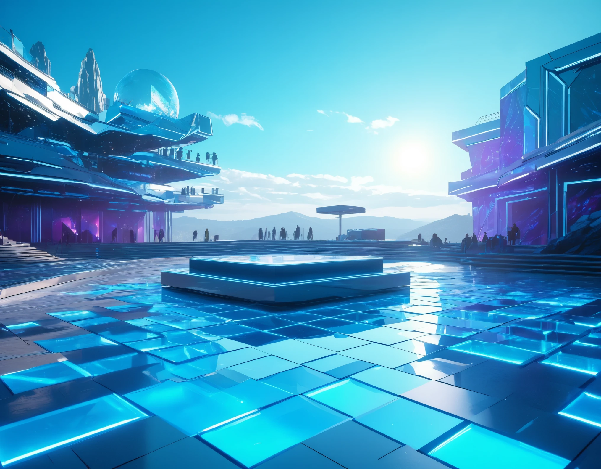 outdoor electronic music stage and dance floor in tomorrow land on the sky. rooftop feeling, concept sci-fi art features crystal and minerals, good mood and bright sunshine atmosphere. It was created using Cinema 4d and unreal engine 5, presenting a minimalist and high-end feel. blue colour mood, Synthwave, High resolution, delicate details, concept art, realistic rendering, hi-resolution 16k, sharp focus