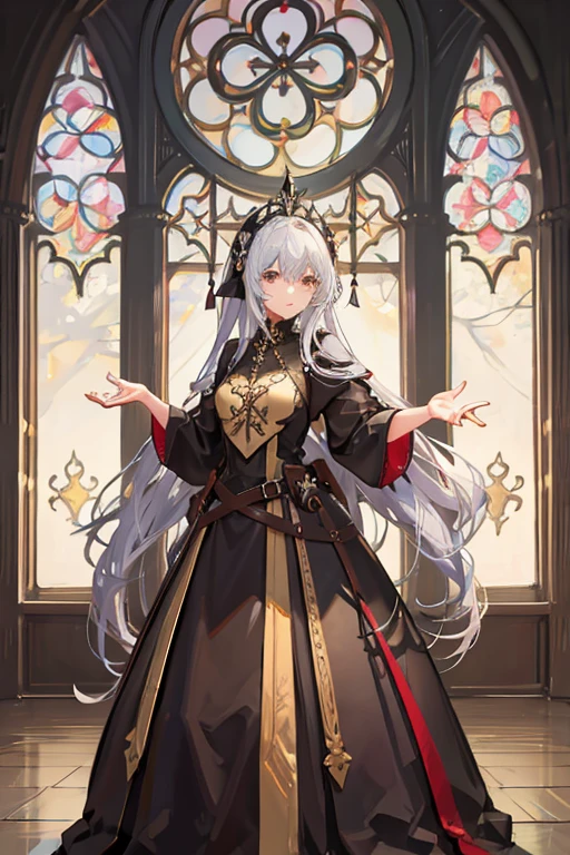 Long-haired girl in a medieval black dress