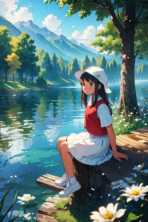 Girl sitting on a tree trunk, facing the lake, holding a white flower, wearing white cap, red shirt. Trees, Flowers