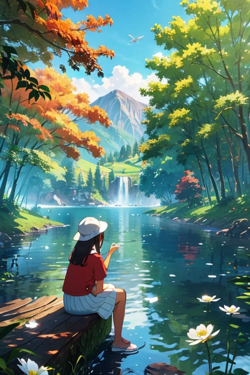 Girl sitting on a tree trunk, facing the lake, holding a white flower, wearing white cap, red shirt. Trees, Flowers