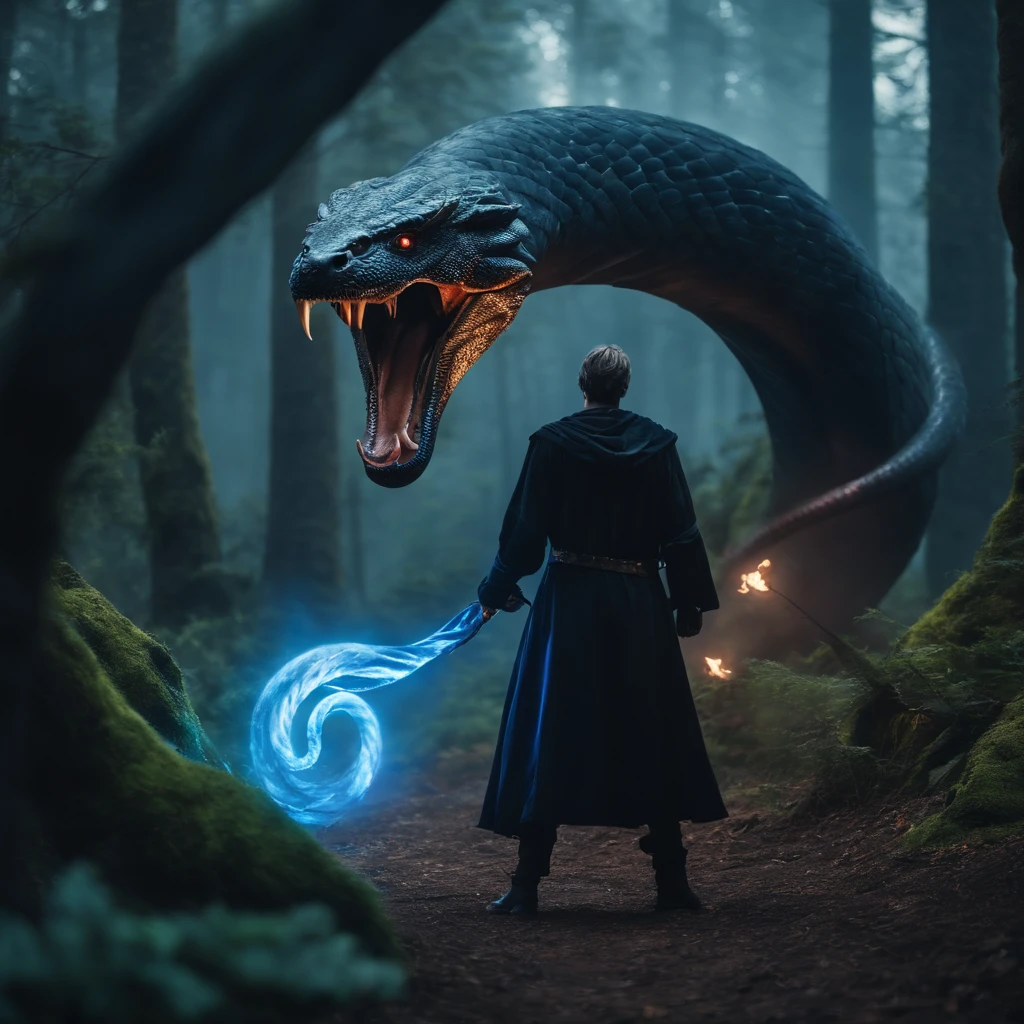 8k, a young male wizard with black clothes with grey short hair with blue aura from behind, fight with black huge monster massive snake in medieval forest