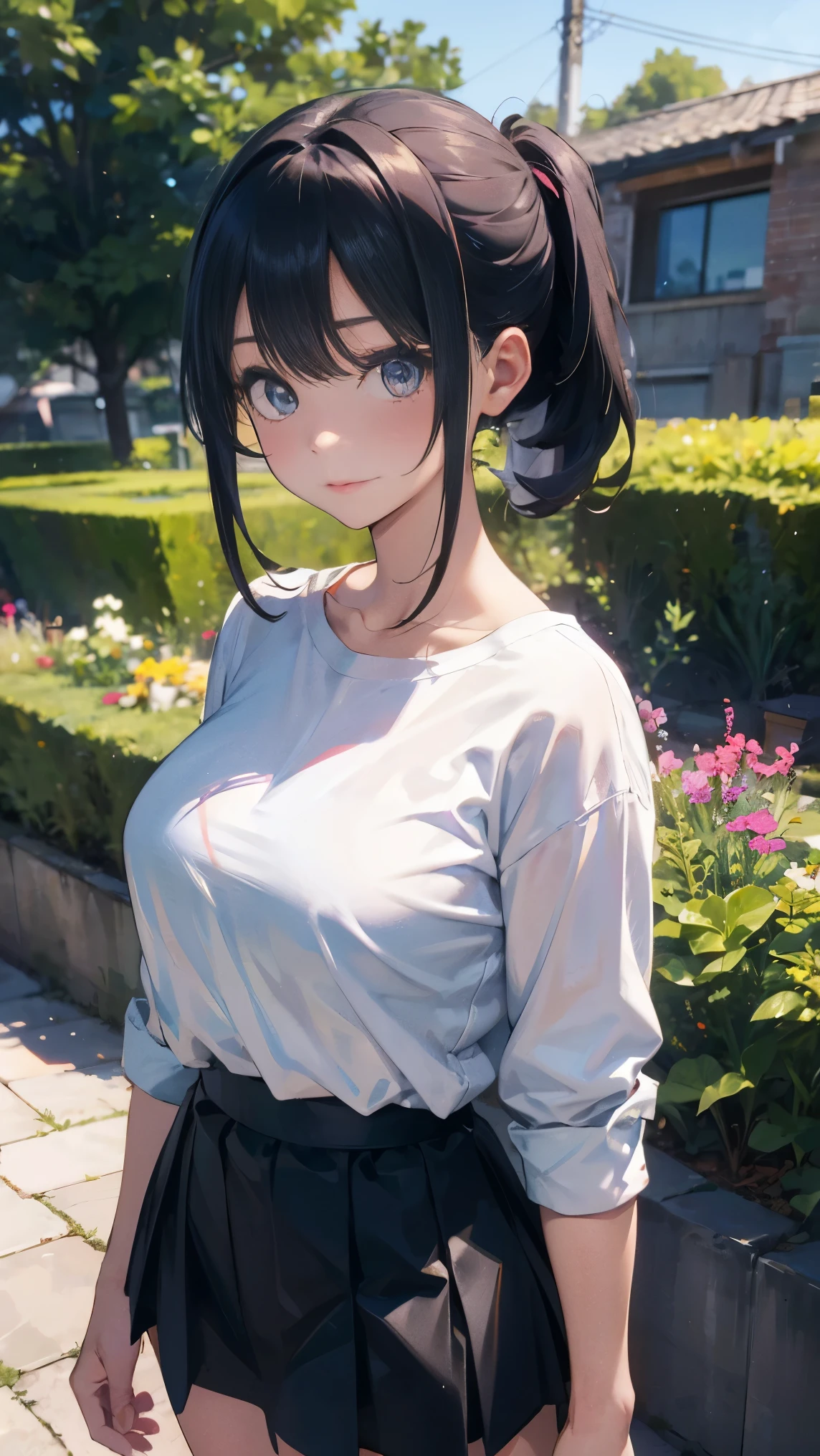 illustration：A girl，25 years old，Wear a white shirt，Black hip skirt，Black single ponytail hair、Shy girl，Look at the camera，Big breasts，Adult female，You can see her whole body，In the Garden