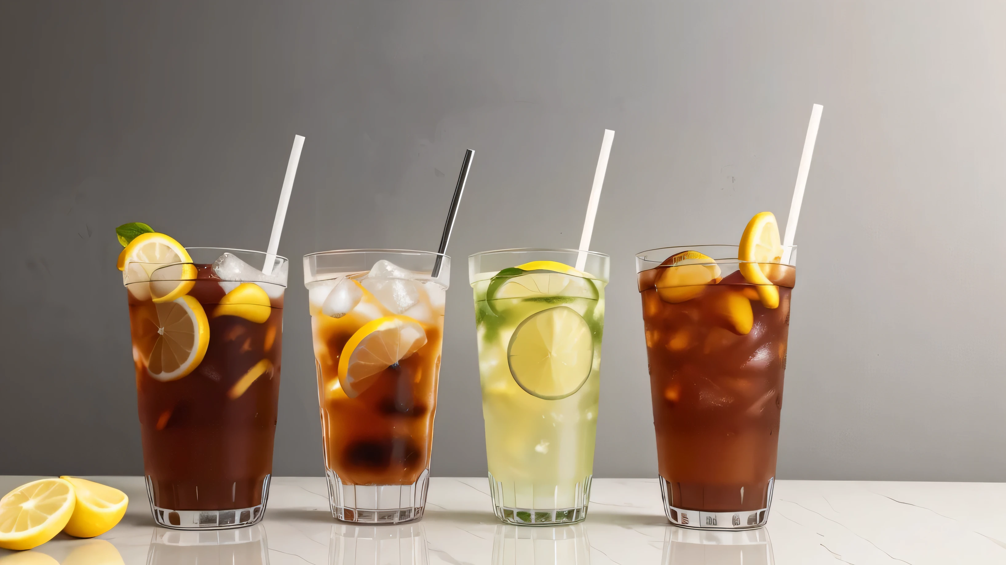 2 drinks，Includes 1 iced Americano and 1 iced clear lemon sparkling water, HD. photography,Shot at a 45-degree angle，Simple glass，Glass has no texture，There is white space above and below，Products，publicity，Food photography，Simple gray and white solid color background wall，Background without clutter and decoration