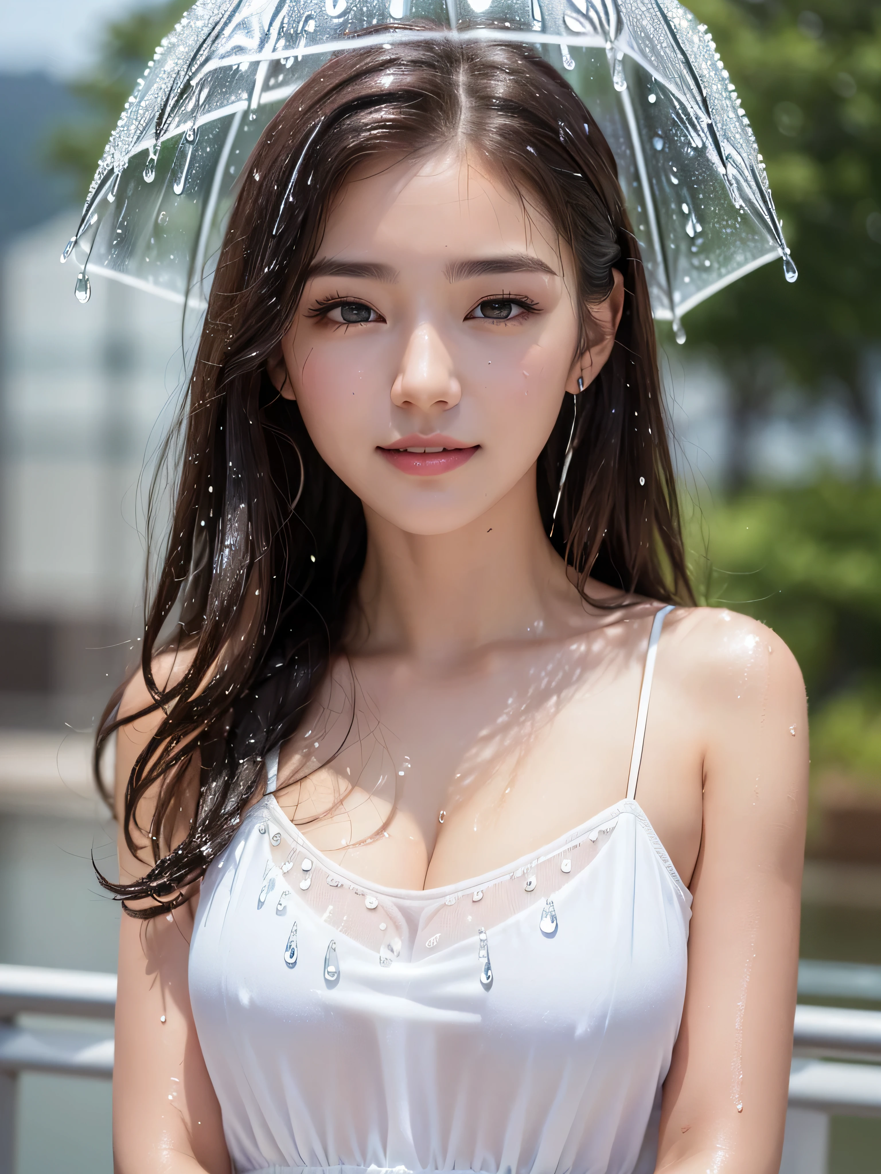 Strong realism,(highest quality、4K,masterpiece:1.3),Cute Woman,One girl,I was raised to be sexy.:1.1,Dark Brown Hair:1.1,(raindrop,raindrop,Get wet:1.2),White camisole,Ultra detailed face,Detailed lips,Detailed eyes,double eyelid、Big black eyes、smile、Brown Hair