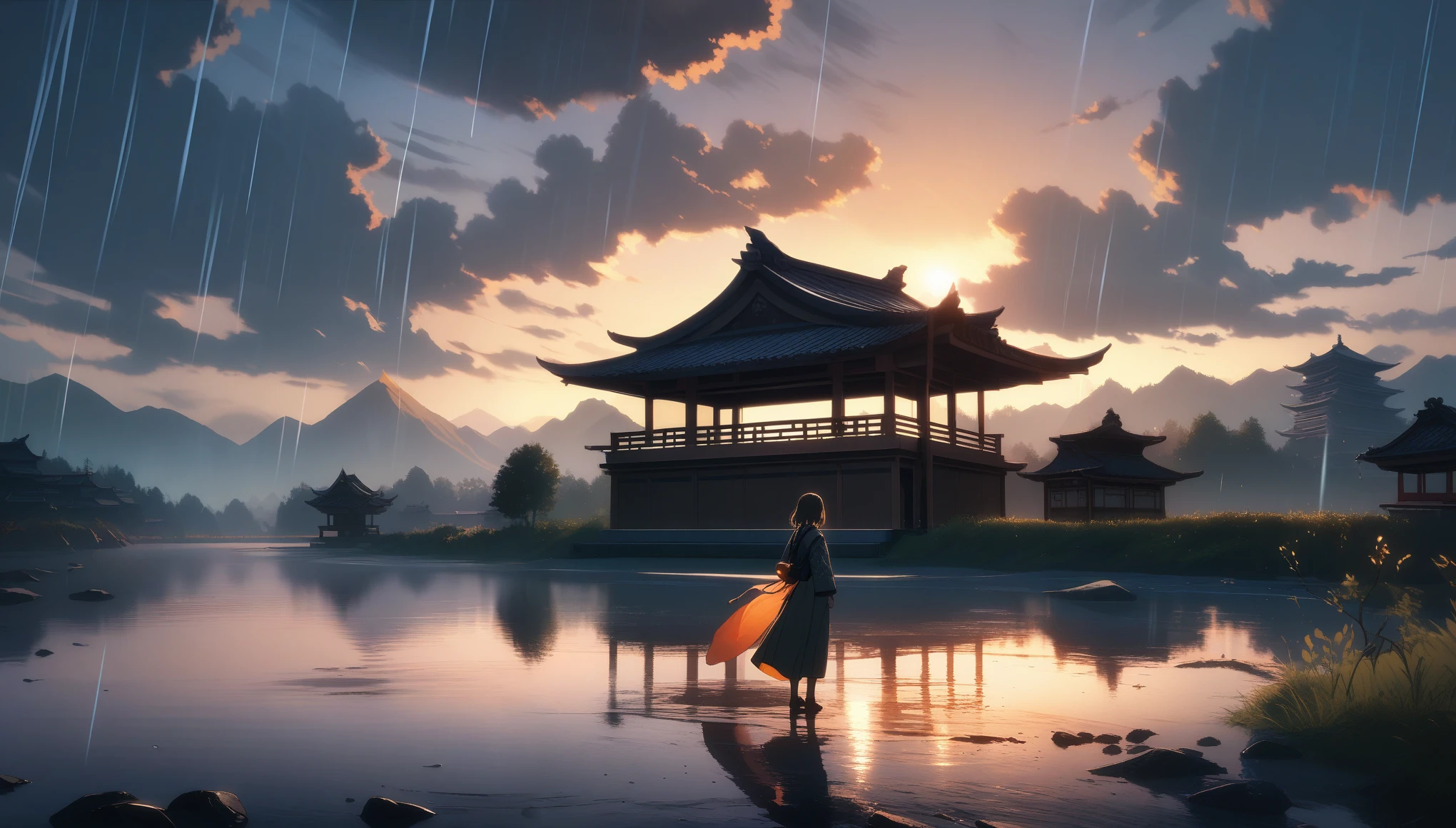 32k, best quality, ultra high res, HDR, UHD, extremely detailed CG, unity 32k wallpaper, SFW, One girl, Focus Only, throw, Very wide shot, landscape, East Asian architecture, sunlight, sunrise, floating, cloud, null, rain, water, whole body, Outdoor, scenery, Depth of written boundary,