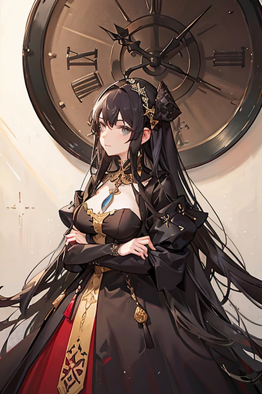 Long-haired girl in a medieval black dress