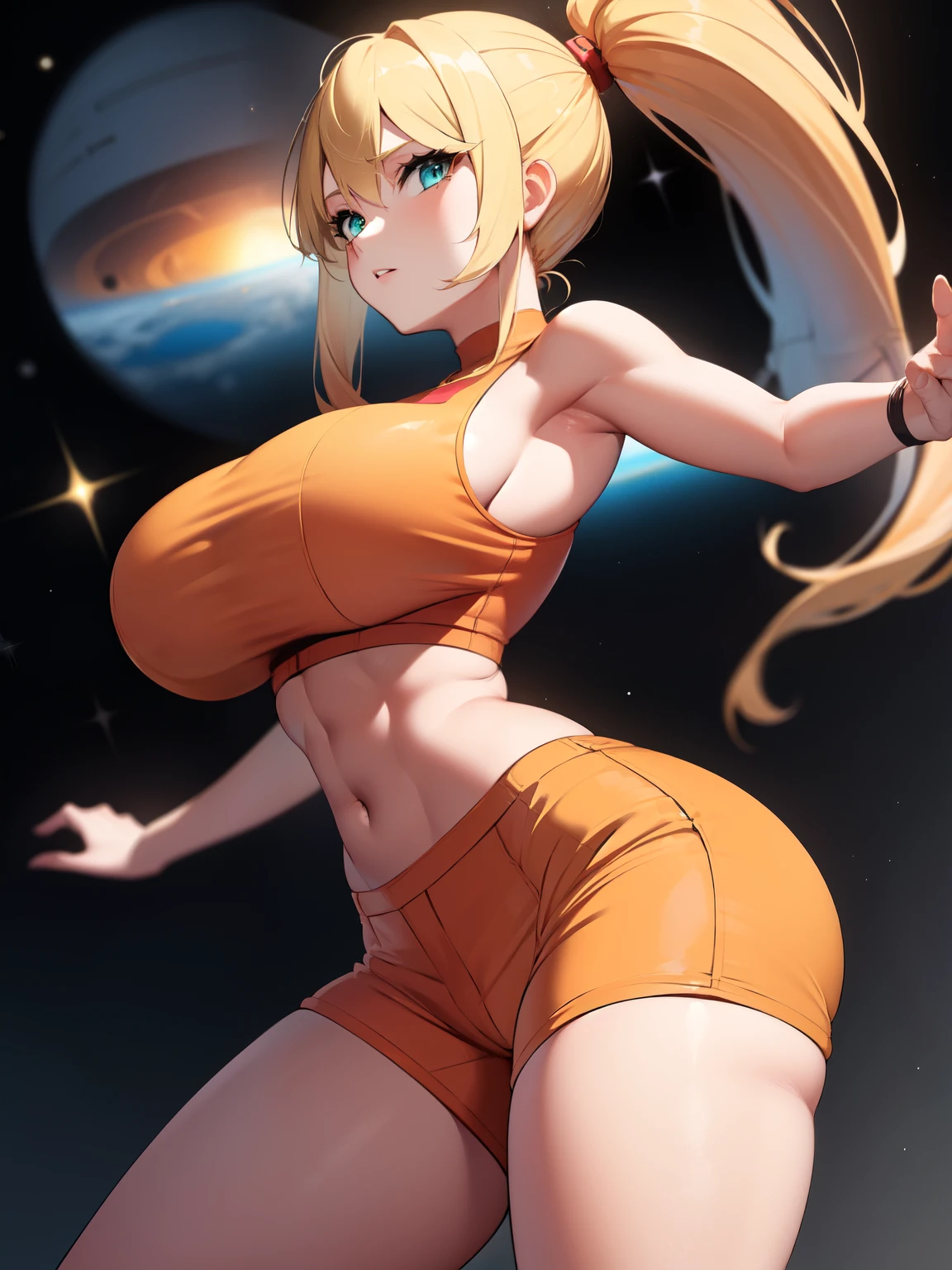 masterpiece, best quality, solo, samus aran, blonde, ponytail, hair tie, aqua eyes, (orange croptop, orange shorts), outer space, chestwindow, abs, large breasts, cowboy shot, ((front view:1.5)), facing the viewer head on, seen from the front