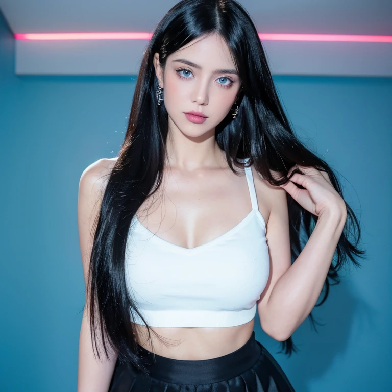 masterpiece, gothic aesthetic, dream atmosphere, ultra realistic, 16k, best quality, absurdres, perfect anatomy, 1girl, goth brunette, voluminous silky hair, cute hair fringe, goth makeup, realistic turquoise eyes (intense look). pale-white skin (highlighted), realistic shading, solo, Caera, realistic blue eyes, black t-shirt, small natural breasts, large hips, thick thighs, thick legs, black mini skirt, tights (realistic textures), pretty seductive, upper body, beautiful girl, happy, inside a (neon pastel lights) modern house, different poses at different angles, blurred background, cinematic, Photorealistic.