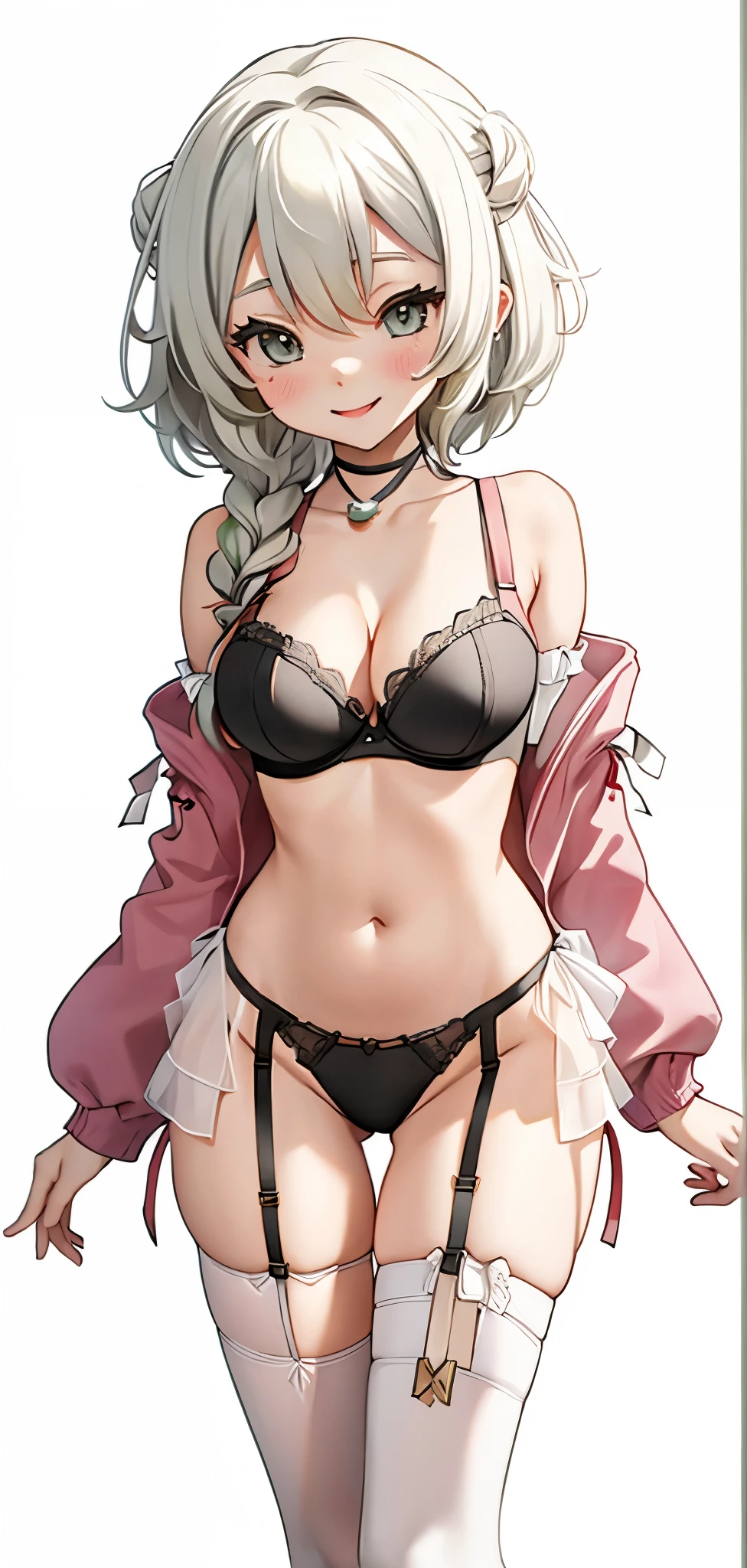 Black bra, white panties with pink bow,