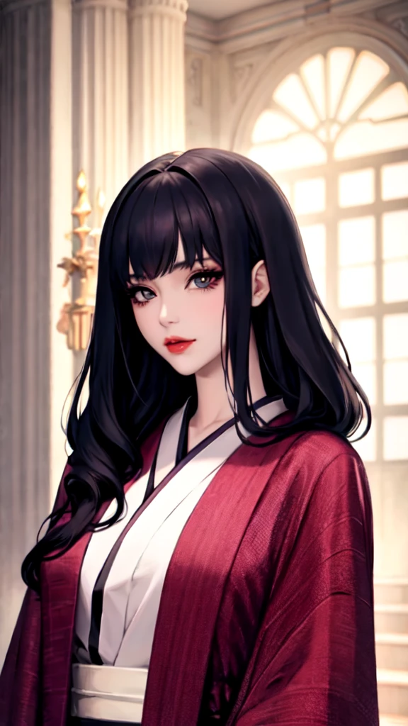 ((best quality)), ((masterpiece)), (detailed), visage parfait, yeux gris, Long Wavy Black Hair with Bangs, Red lips, princesse en kimono, fond de palais, magnifique, ultra detailed