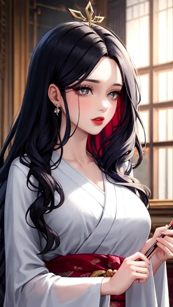 ((best quality)), ((masterpiece)), (detailed), visage parfait, yeux gris, Long Wavy Black Hair with Bangs, Red lips, princesse en kimono, fond de palais, magnifique, ultra detailed 