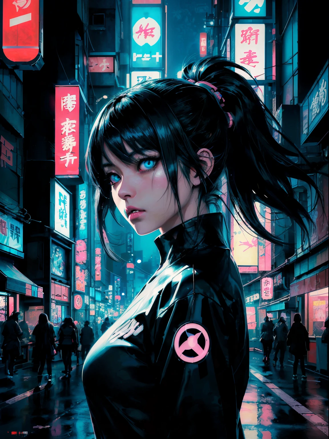 Anime girl with blue eyes and black long hair clad in black urban attire, standing amidst a neon-lit cityscape, juxtaposing traditional Japanese print art with dinopunk aesthetics, pulp comics flair, RTX on for hyper-realistic reflections, close-up composition with grid overlay, neon hues dominating the scene, cyberpunk vibe apparent in the dynamic angles and high contrast. The traditional Japanese print art is subtly integrated into the urban backdrop, adding an intriguing layer of complexity to the image. Volumetric lighting adds depth and dimension to the neon-covered environment. The anime girl's expression showcases a sense of