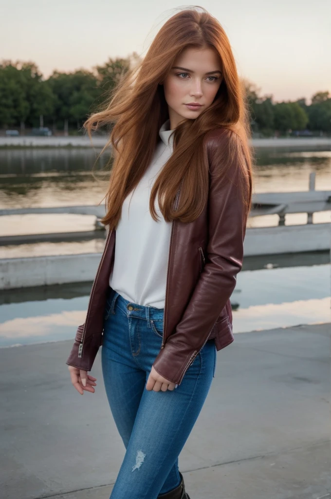 Editorial Photography 1980's style, a gorgeous serbian girl with long ginger hair. Burgundy leather jacket, sweater, skinny denim pants and riding boots, she carries a leather backpack with her.
The air is clear, calm and quiet ambient, detailed soft pale skin. 35 mm. (nikon d850), realistic skin texture, atractive features, dream beauty, ethereal beauty from Serbia, she has an angelical face and she's delicacy and sweetness in person.