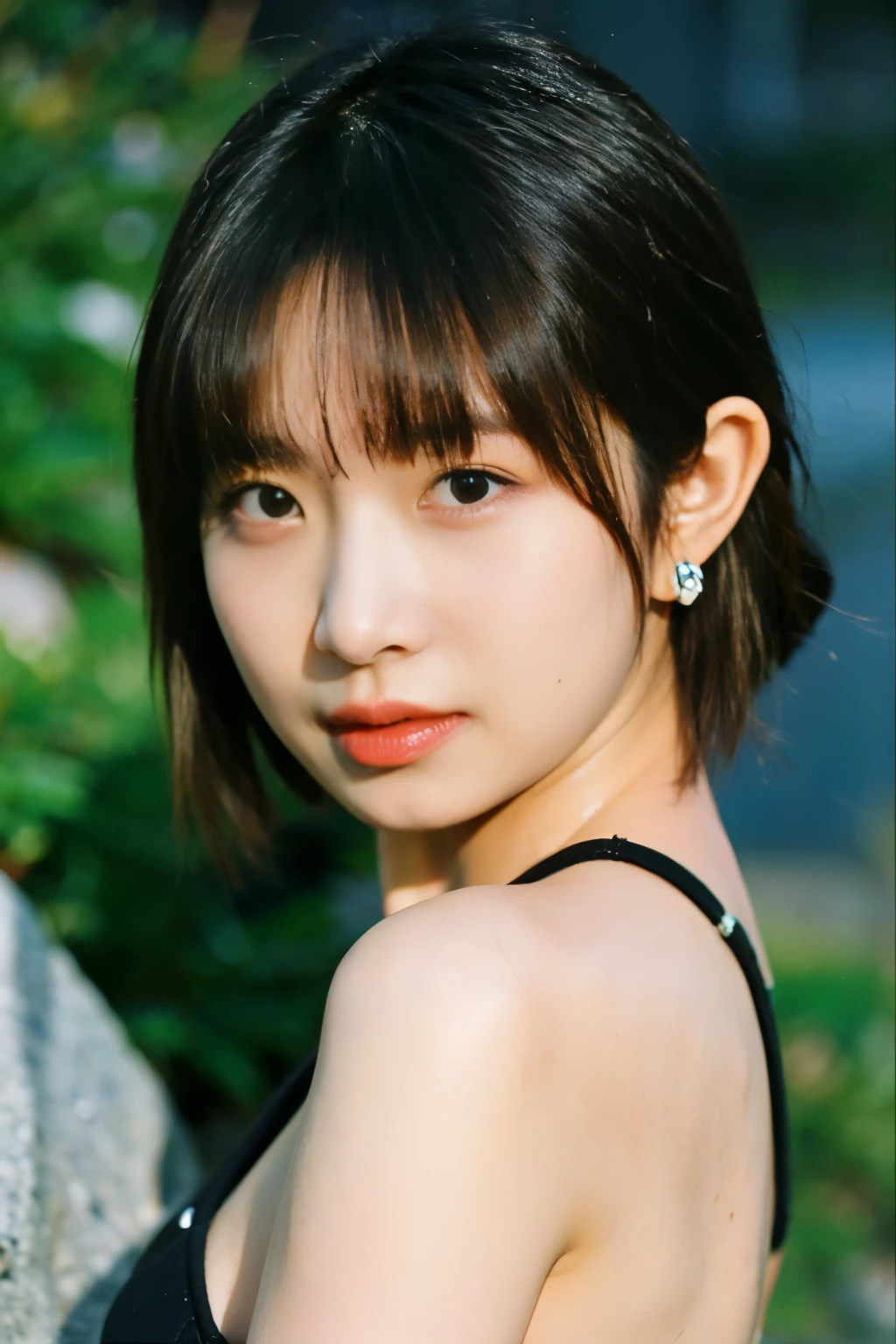 USING BLACK BIKINI ((Best quality, 8k, Masterpiece :1.3)), Sharp focus :1.2, Korean artist. big breast, ((Karina. 18year's old)) body. thin. slim. best quality, short hair little curly, one girl((face with make-up. Brown lipstick)) . Necklace. Earrings, FULL SHOT BODY, BLACK bikini)) sit down. On the rocks river flow_ mix4, 20d, solo, photo-realistic:1.37