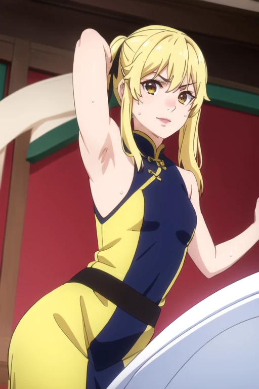 ((best quality)),((highly detailed)),masterpiece,absurdres,detailed face,beautiful face,(detailed eyes, deep eyes),1girl,((dynamic pose)), jabami yumeko, yellow hair, twintail hair,yellow eyes, solo, bow, small breasts, cowboy shot, chinese town, outdoors, seductive smile, looking at viewer, wearing yellow chinese dress, put your hands behind your head, armpits, armpits visible, sweaty armpits, 