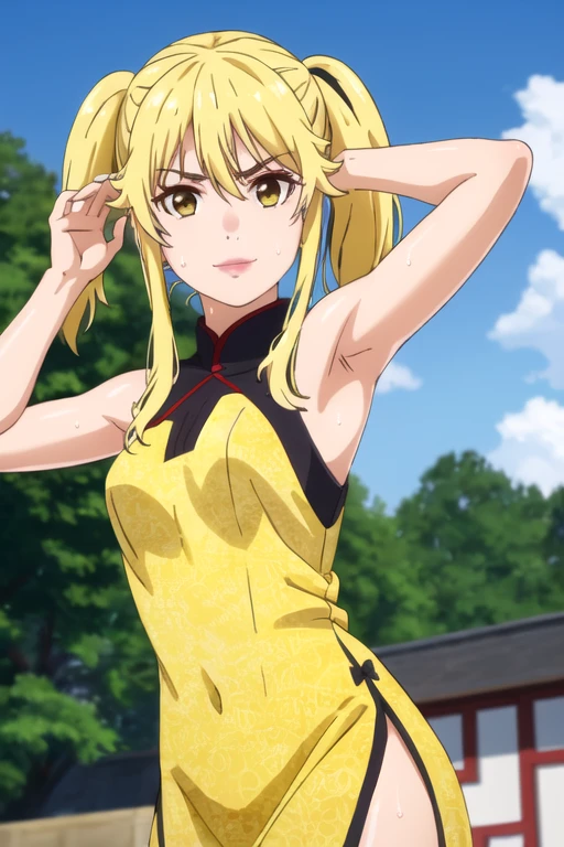 ((best quality)),((highly detailed)),masterpiece,absurdres,detailed face,beautiful face,(detailed eyes, deep eyes),1girl,((dynamic pose)), jabami yumeko, yellow hair, twintail hair,yellow eyes, solo, bow, small breasts, cowboy shot, chinese town, outdoors, seductive smile, looking at viewer, wearing yellow chinese dress, put your hands behind your head, armpits, armpits visible, sweaty armpits, 