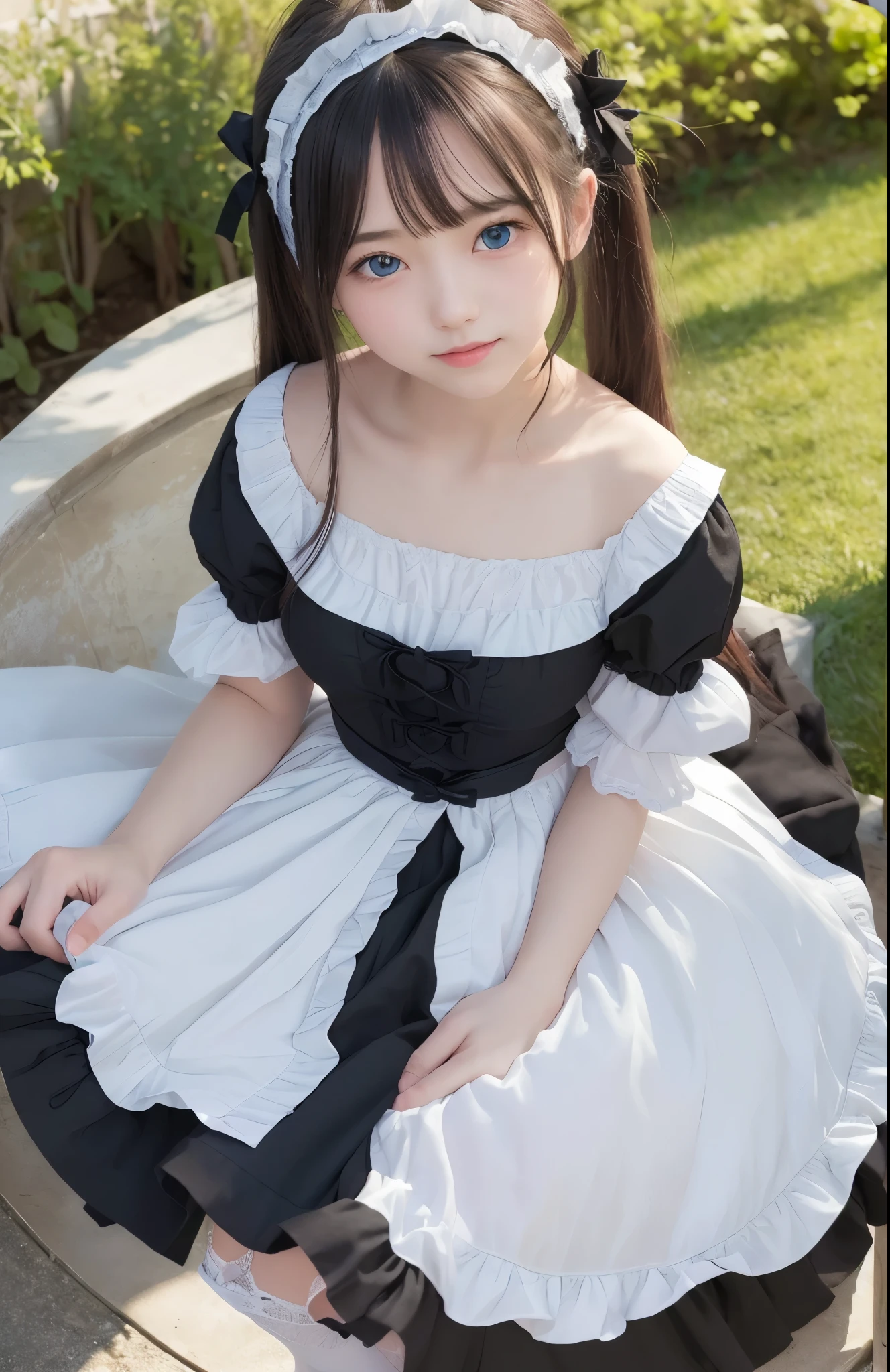 ((masterpiece)), ((highest quality、Ultra high definition)), (Very detailed),8K、Photo quality、((Amazingly cute girl)), -yeld gi Two people, , (Beautiful emerald blue eyes), ((smile)),In the open-air bath overlooking the sea, Beautifully arranged black hair in twin tails、whole body、(Super high-end white see-through summer gothic lolita maid costume)、Professional Lighting、White lace knee-highs、