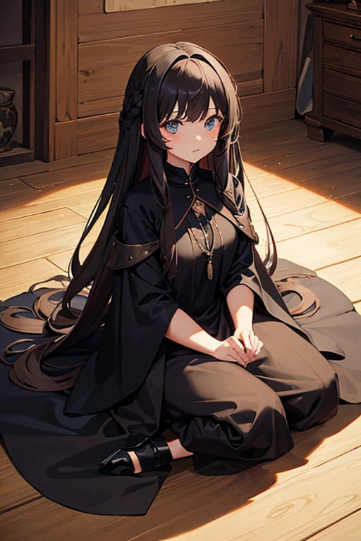 Long-haired girl in a medieval black dress