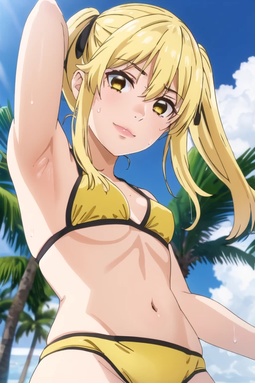 ((best quality)),((highly detailed)),masterpiece,absurdres,detailed face,beautiful face,(detailed eyes, deep eyes),1girl,((dynamic pose)), jabami yumeko, yellow hair, twintail hair,yellow eyes, solo, bow, small breasts, cowboy shot, beach, outdoors, seductive smile, looking at viewer, wearing yellow bikini, put your hands behind your head, armpits, armpits visible, sweaty armpits,