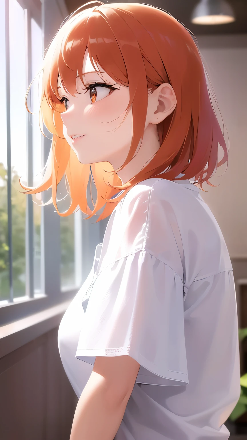 holding a coffee, side angle, (looking away:1.5)、Realistic, real person, RAW photo, photorealistic, portrait photography, shiny skin,(25 year old woman with orange bob hair) and (orange eyes), Wearing a white blouse、smile, open mouth, The background is the conference room、Alone、Are standing
