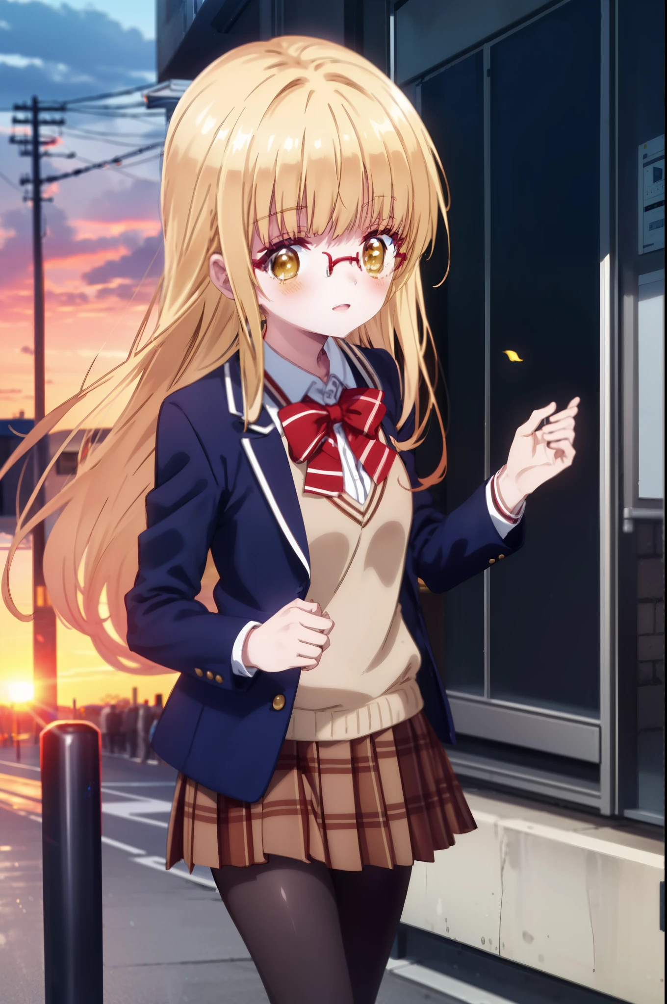 mahirushiina, Mahiru shiina, blonde, (Brown eyes:1.7), Long Hair, smile,blush,Open your mouth,Akagi glasses,
break black footwear, black pantyhose, blazer, bow, bowtie, collar, collared shirt, Jacket, pantyhose, Plaid, Plaid skirt, pleated skirt, red bow, red bowtie, , shirt, Brown Loafers, skirt,student鞄,Walking,whole bodyがイラストに入るように,evening,sunset,The sun is setting,
break looking at viewer, whole body,crowd, people々々,,
break outdoors, student　corridor,
break (masterpiece:1.2), highest quality, High resolution, unity 8k wallpaper, (shape:0.8), (Beautiful details:1.6), Highly detailed face, Perfect lighting, Extremely detailed CG, (Perfect hands, Perfect Anatomy),