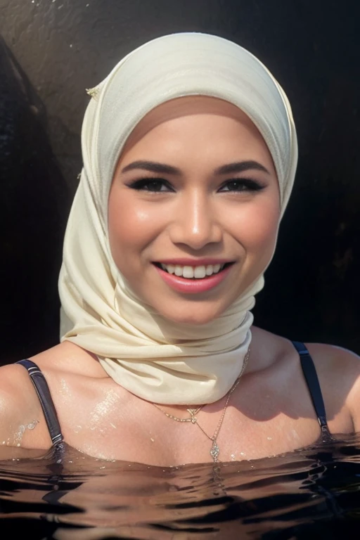 imantroye, close-up portrait of a beautiful woman hijab, smile, bathing in a river, wearing suit lingerie, (backlight), realistic, masterpiece, high quality, lens reflection, shadow, flower, [[chromatic aberration]], by Jeremy Lipking, by Antonio J. Manzanedo, digital painting,