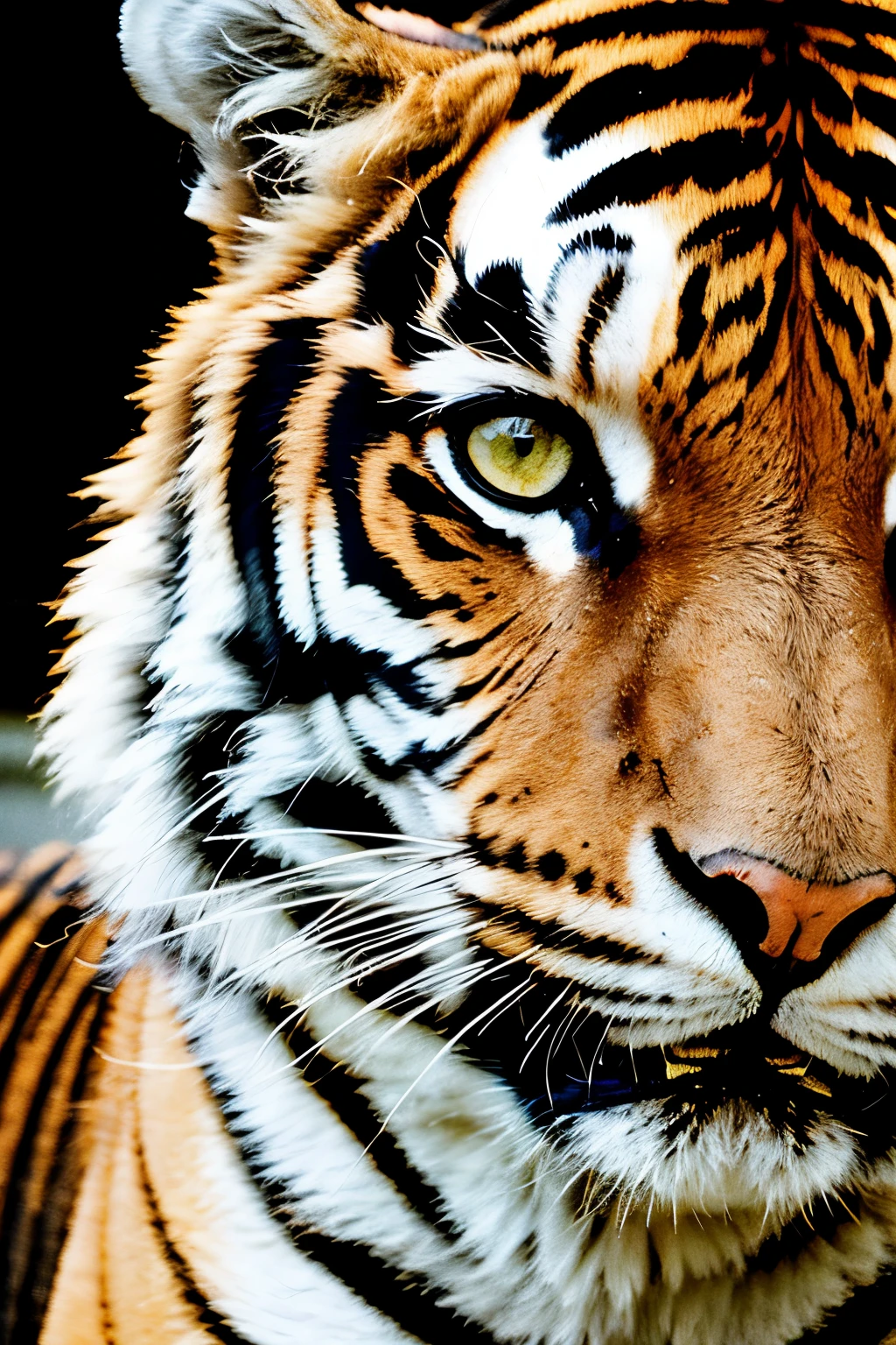 tiger, look at viewer, sitting with head up, majesty, medium shot, ultra-detailed eyes, intricate details, detailed texture, light source contrast, dramatic shadows, Cinematic Light, Depth of field, film grain, noise, dark background
