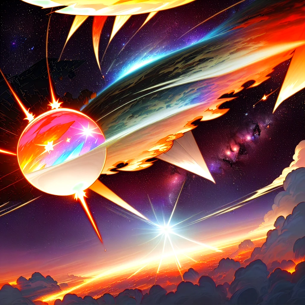 A ball of fire blasts through the darkness headed skyward travels through the clouds into orbit and collided with a FALLING STAR, GLASSEFFECT, COLORBOOST, CRYSTALEFFECT, CONTOUREDTAIL, EDGEFX,MOSAICTILINGEDGE