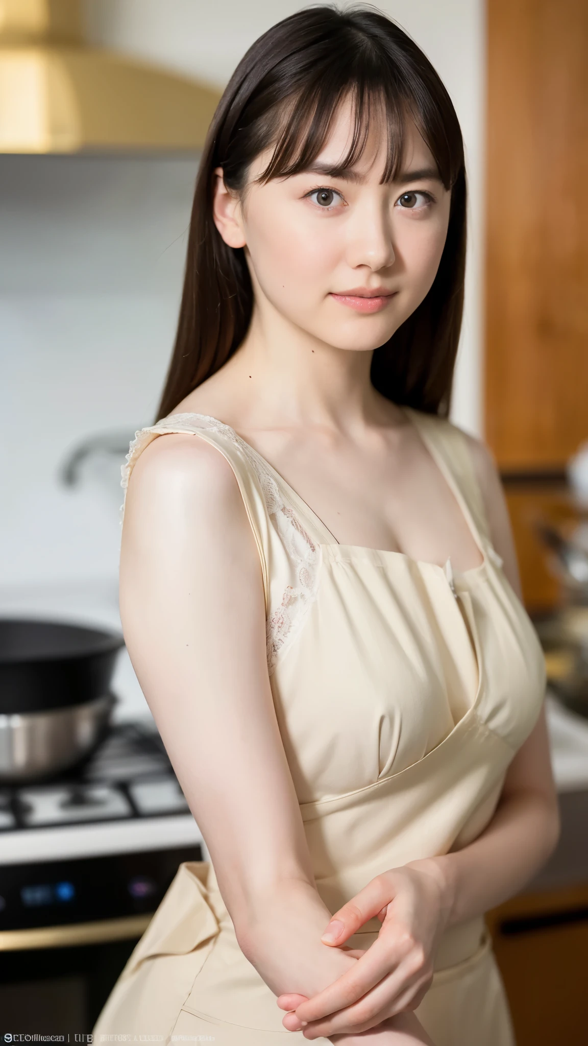 "(highest quality,8K,High resolution,masterpiece:1.2),Super detailed,(realistic,photorealistic,photo-realistic:1.37),soft focus,18-year-old,beautiful and detailed face,Detail view,renaissance art,delicate artwork,kitchen,kitchen apron,age girl,seductive lingerie,Gentle milk dripping onto my chest, Bright colors,studio lighting"