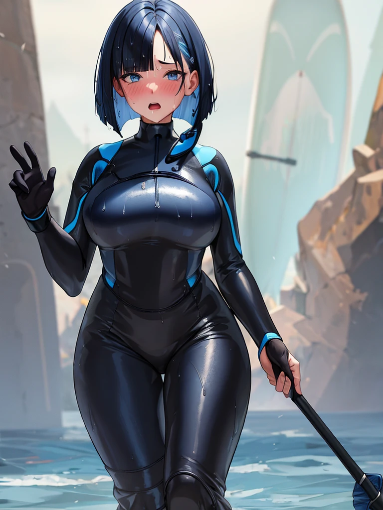 full body,masterpiece, high details, high quality, best quality, anatomically correct, masterpiece, textured skin, super detail,ultra-detailed, best quality, extremely detailed, 8k, high res, realistic, 1girl, 18yo, beautiful girl, (half closed eyes),(narrowed eyes:1.2),(open mouth), (blush:1.2),BREAK,(wearing a wet suit:1.8),blue beautiful eyes, (dark blue medium bob hair,asymmetrical parted bangs:1.6),BREAK,(voluptuous bust:1.3),(Gaunt , thin waist:1.3),looking at viewer,white background,