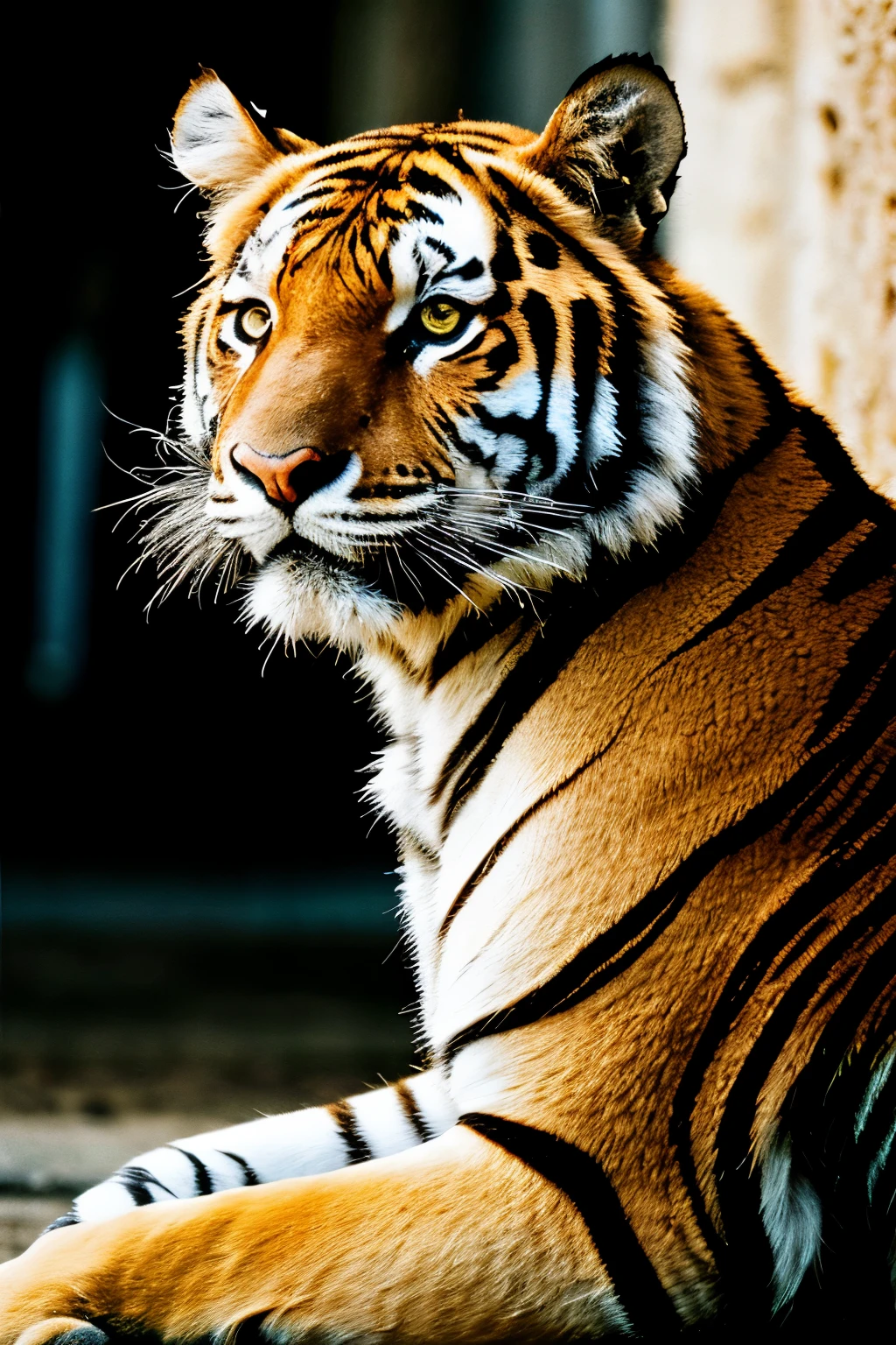 tiger, look at viewer, sitting with head up, majesty, medium shot, ultra-detailed eyes, intricate details, detailed texture, light source contrast, dramatic shadows, Cinematic Light, Depth of field, film grain, noise, dark background
