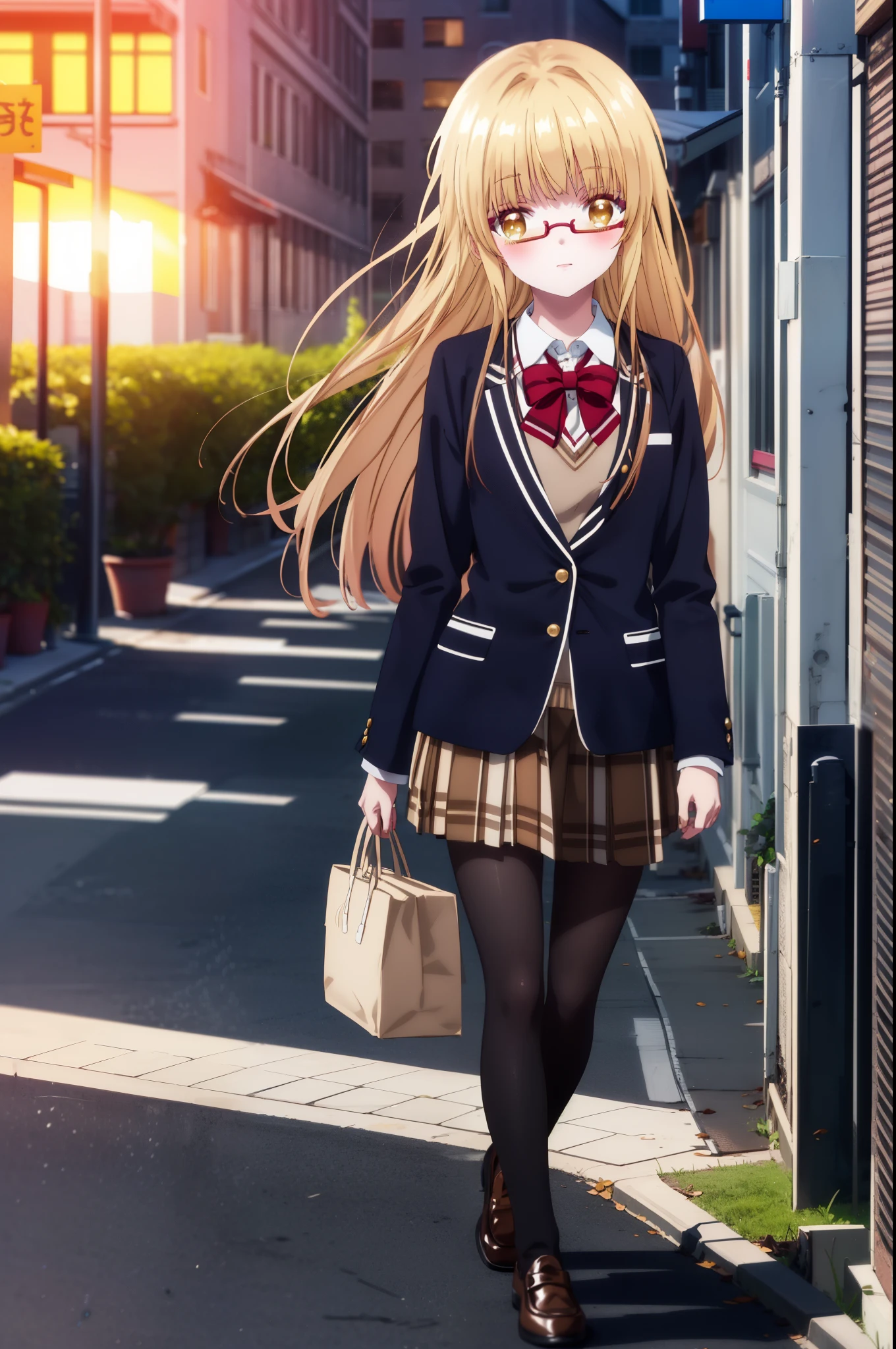 mahirushiina, Mahiru shiina, blonde, (Brown eyes:1.7), Long Hair, smile,blush,Open your mouth,Akagi glasses,
break black footwear, black pantyhose, blazer, bow, bowtie, collar, collared shirt, Jacket, pantyhose, Plaid, Plaid skirt, pleated skirt, red bow, red bowtie, , shirt, Brown Loafers, skirt,student鞄,Walking,whole bodyがイラストに入るように,evening,sunset,The sun is setting,
break looking at viewer, whole body,crowd, people々々,,
break indoors, student　corridor,
break (masterpiece:1.2), highest quality, High resolution, unity 8k wallpaper, (shape:0.8), (Beautiful details:1.6), Highly detailed face, Perfect lighting, Extremely detailed CG, (Perfect hands, Perfect Anatomy),