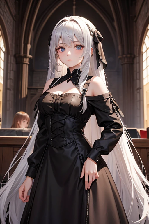 Long-haired girl in a medieval black dress